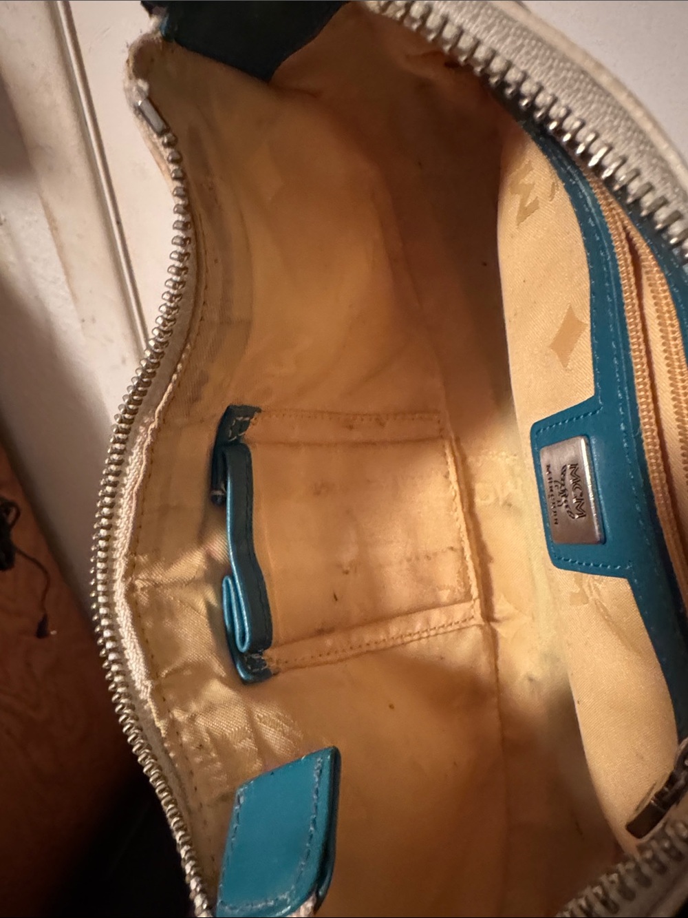 MCM White Logo Shoulder Bag with Teal, Yellow & Black Accents - Picture 12 of 12